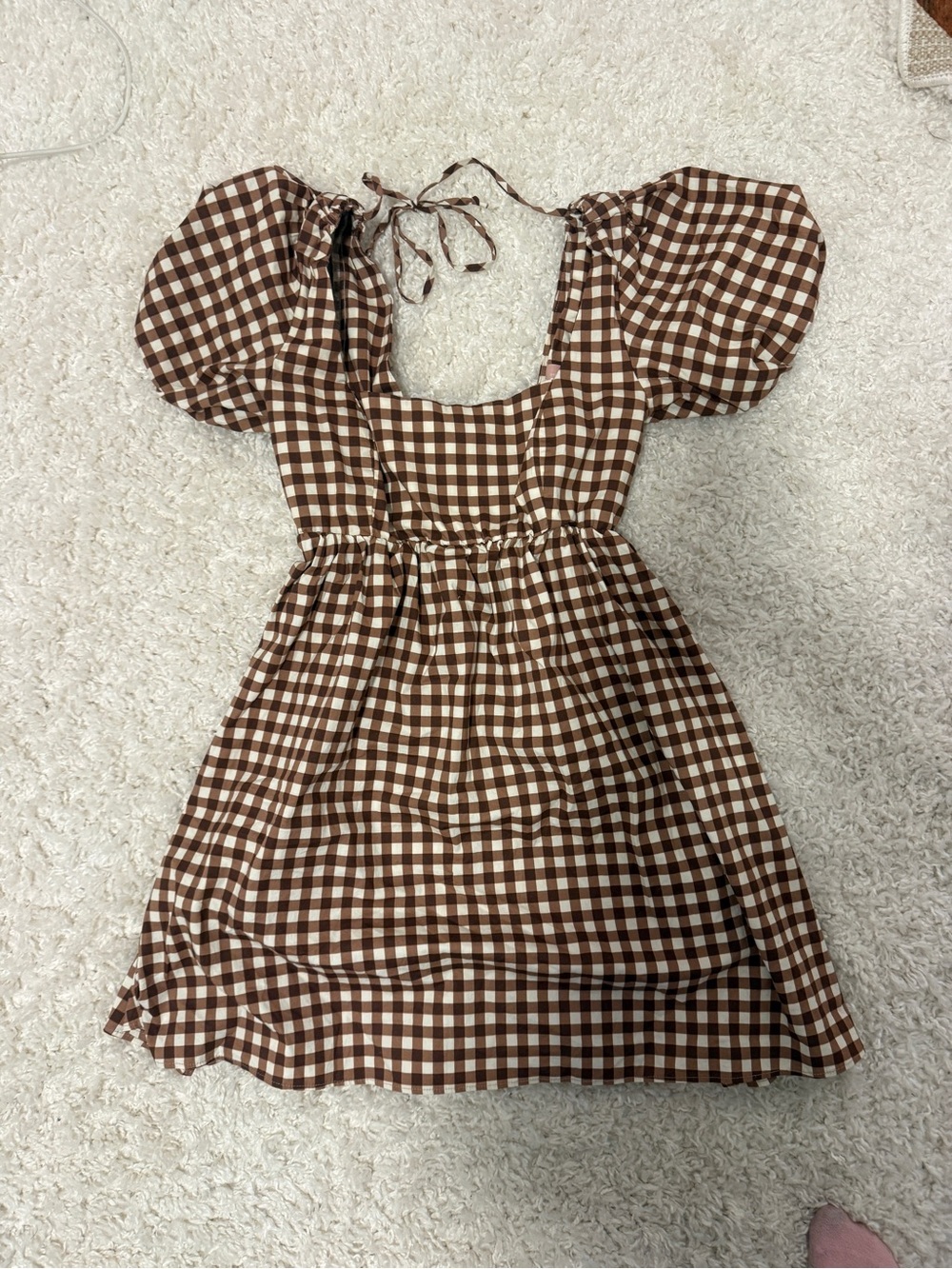 Show Me Your MuMu Brown and White Gingham Puff-Sleeve Mini Dress